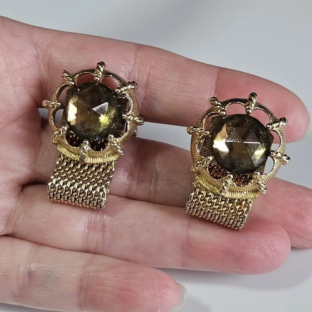 Swank Vintage Gold Tone Metal Champagne Colored Glass Cufflinks
